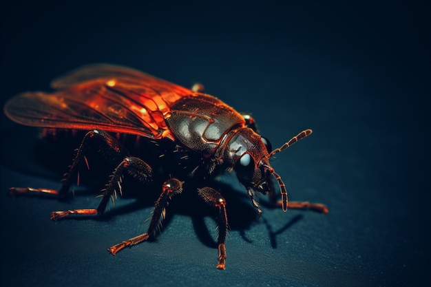 um close-up de um inseto em um fundo escuro