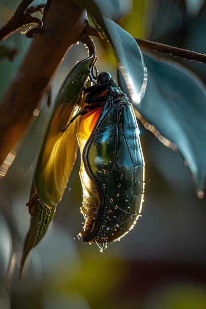 Foto um close-up de um inseto em um galho de árvore