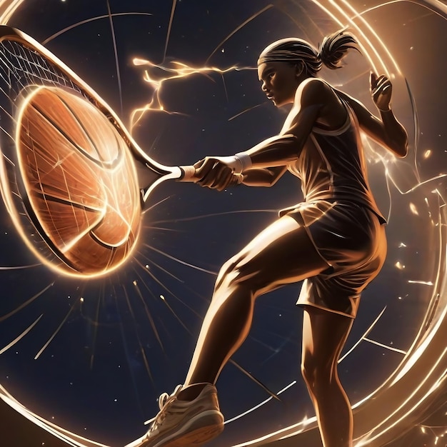 um close-up de um jogador de tênis batendo uma bola com um ícone de feitiço de jogo de fantasia de raquete