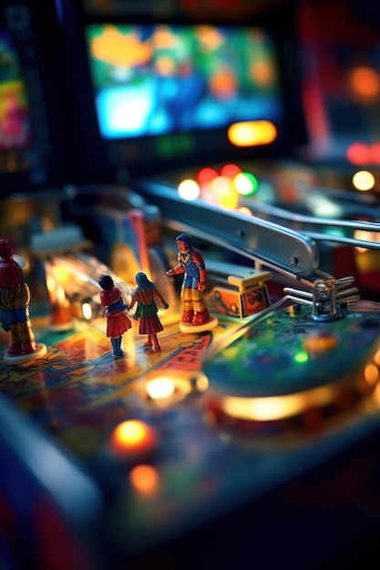 Um close-up de um jogo de pinball com algumas pessoas nele