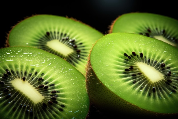 Foto um close-up de um kiwi cortado ao meio esta imagem pode ser usada para mostrar as cores vibrantes e a textura suculenta do kiwi é perfeito para projetos e publicações relacionadas a alimentos