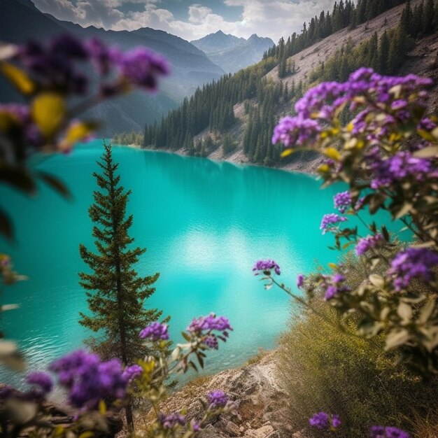 Um close-up de um lago com flores roxas no primeiro plano generativo ai