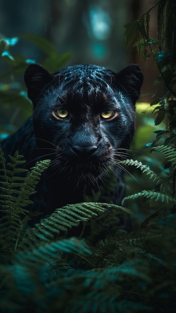 Um close-up de um leopardo negro na selva olhando para a câmera generativa ai