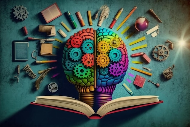 Foto um close-up de um livro com um cérebro colorido dentro dele.