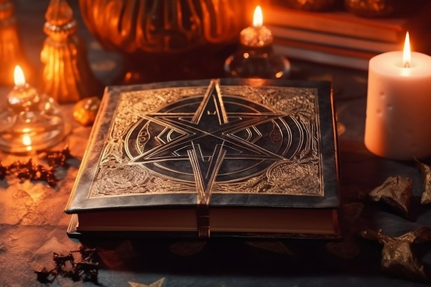 Um close-up de um livro com um pentagrama ao lado de velas generativas ai