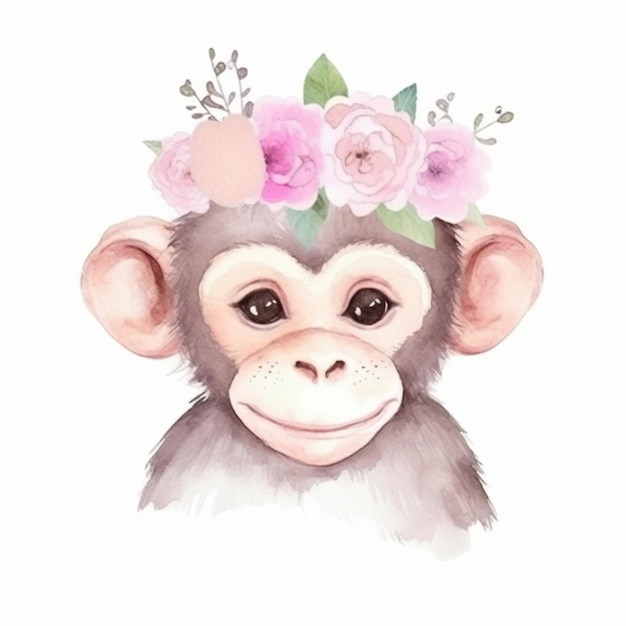um close-up de um macaco com uma coroa de flores em sua cabeça generativo ai