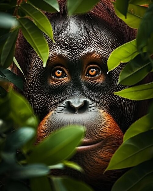 um close-up de um macaco olhando para a câmera através das folhas generativo ai