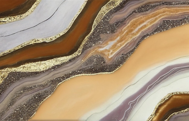 Um close-up de um mármore colorido com cores douradas e roxas