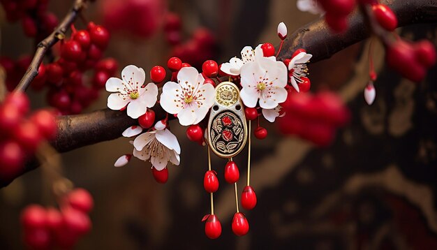 um close-up de um Martisor ligado a um galho em flor