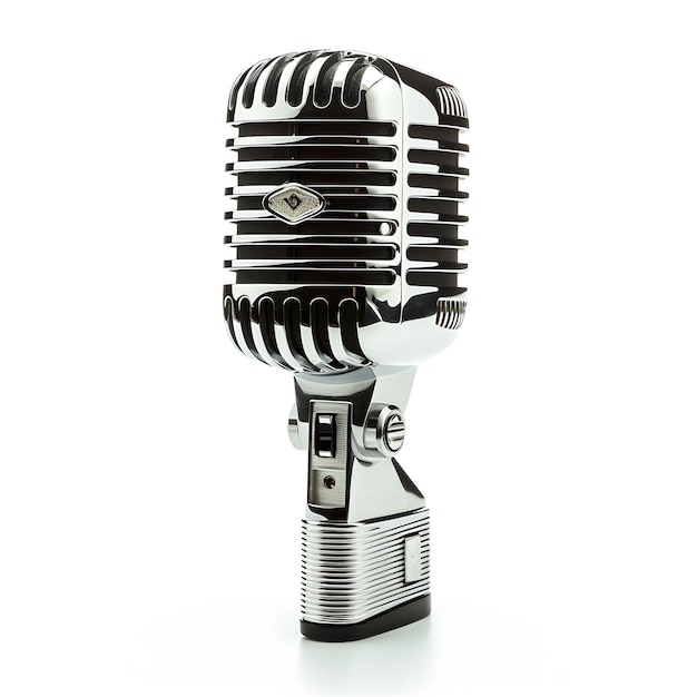 Um close-up de um microfone com um fundo branco generativo ai