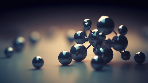 Um close-up de um modelo de uma molécula com esferas de prata sobre ele.
