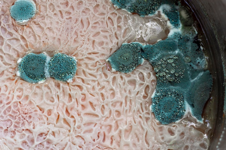 Foto um close-up de um molde com moldes azuis