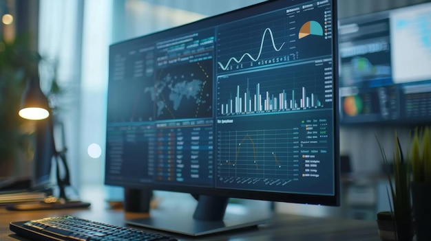 Um close-up de um monitor de computador exibindo um gráfico de negócios detalhado com métricas e indicadores-chave destacados para análise