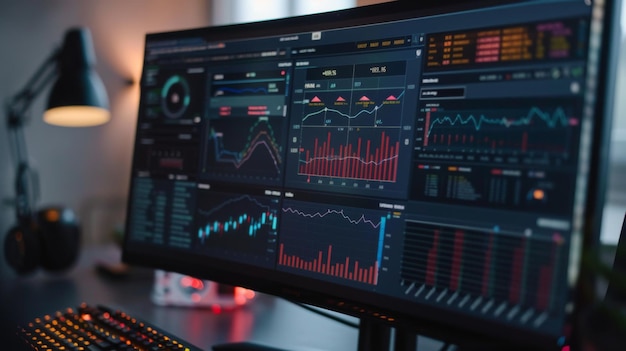 Um close-up de um monitor de computador exibindo um gráfico de negócios detalhado com métricas e indicadores-chave destacados para análise