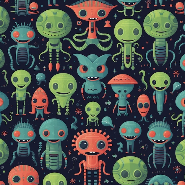 Um close-up de um monte de alienígenas de desenho animado em um fundo escuro generativo ai