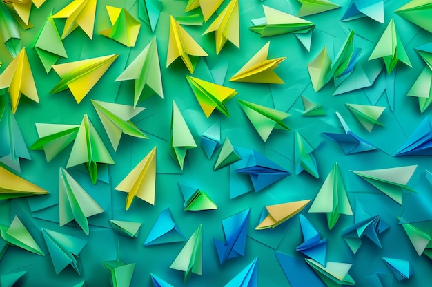 um close-up de um monte de aviões de papel em uma superfície verde generativa ai