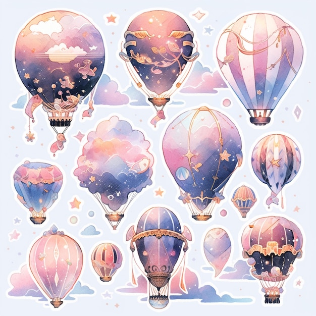 um close-up de um monte de balões de ar quente com nuvens generativa ai