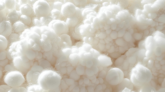 Um close-up de um monte de bolas de algodão branco em uma pilha junto com um fundo branco que é muito