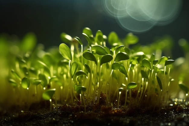 Um close-up de um monte de brotos verdes crescendo a partir do solo generativo ai