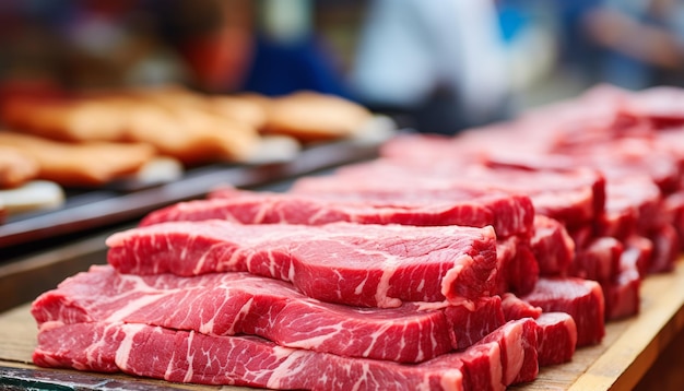 Foto um close-up de um monte de carne crua em uma prancha de corte generativa ai