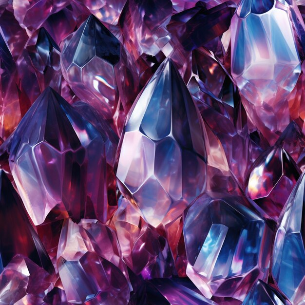Um close-up de um monte de cristais roxos e azuis generativos ai