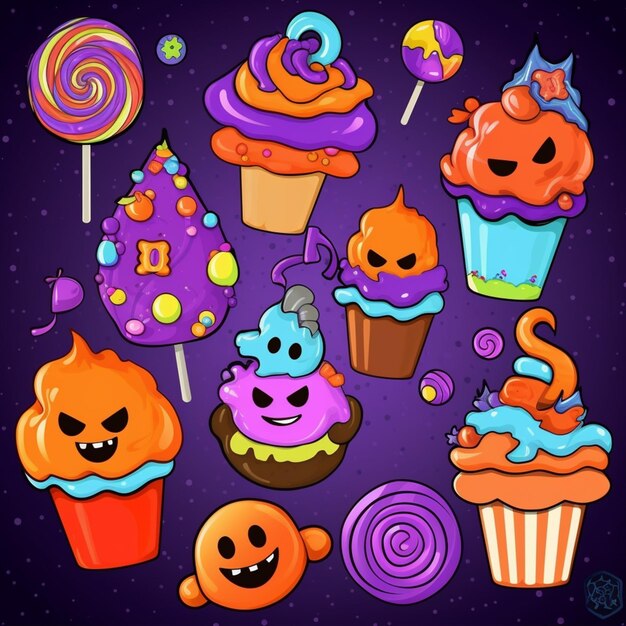 Um close-up de um monte de cupcakes com diferentes desenhos generativos ai