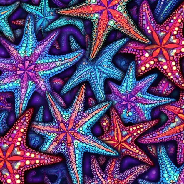 Foto um close-up de um monte de estrelas do mar com diferentes cores generativas ai