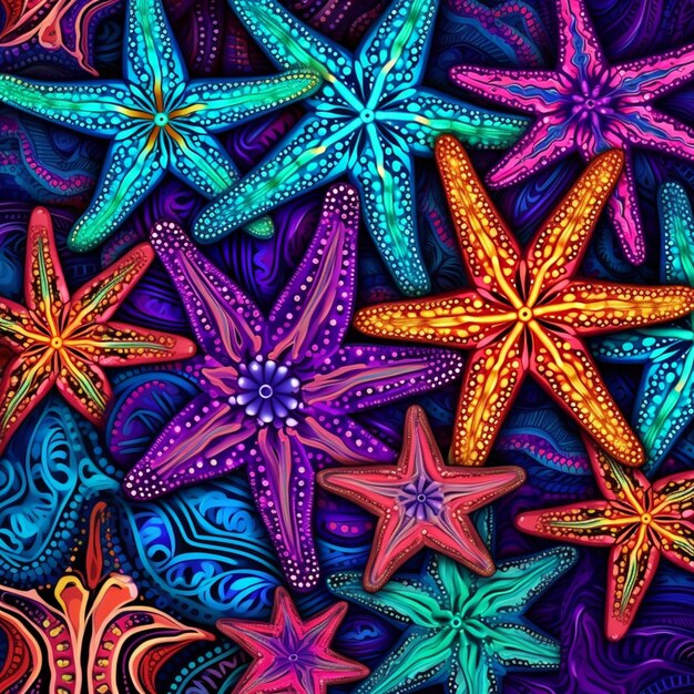 Foto um close-up de um monte de estrelas do mar em um fundo colorido generativo ai