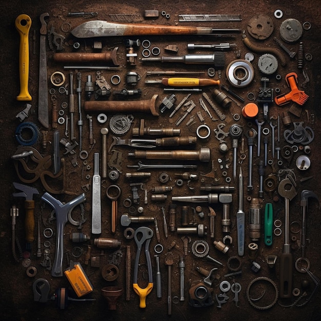 um close-up de um monte de ferramentas em uma tabela generativa ai