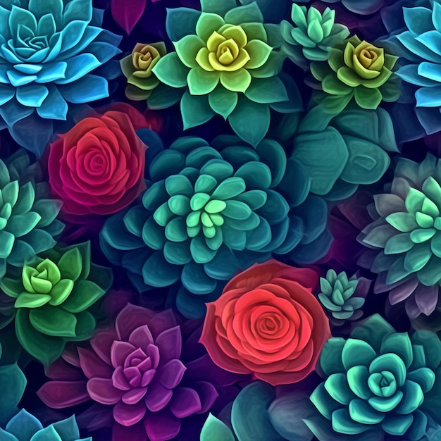 Um close-up de um monte de flores coloridas com folhas verdes generativas ai