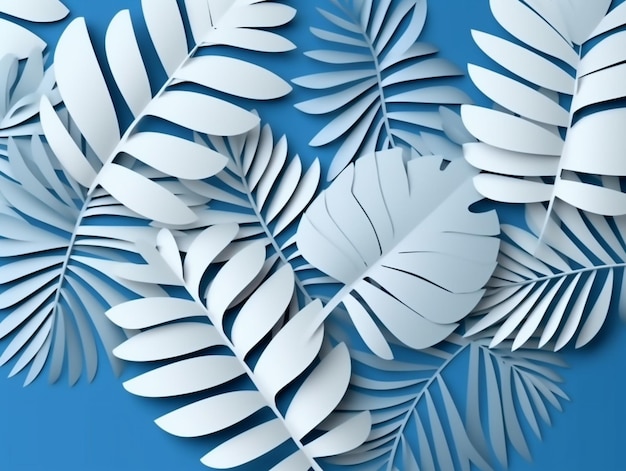 um close-up de um monte de folhas cortadas em papel em um fundo azul generativo ai