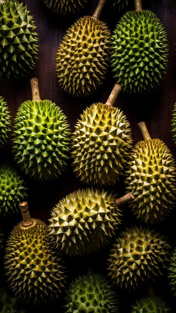 Um close-up de um monte de frutas durian em uma mesa generativa ai