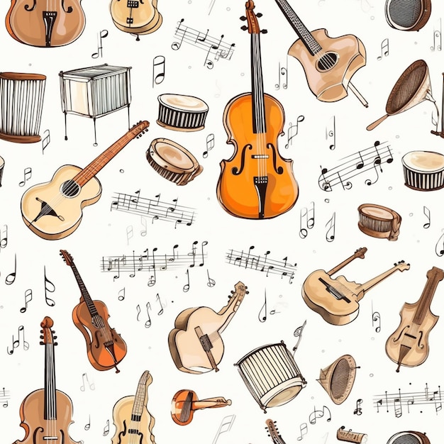 Um close-up de um monte de instrumentos musicais em um fundo branco generativo ai