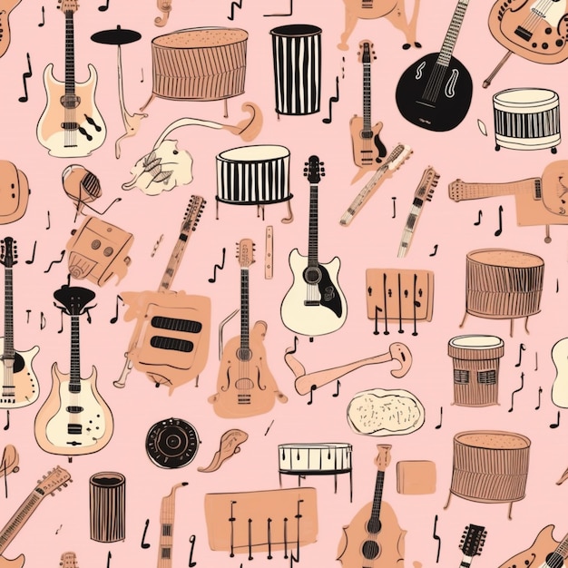 Um close-up de um monte de instrumentos musicais em um fundo rosa generativo ai