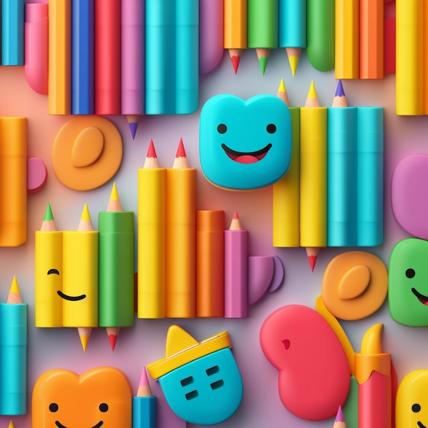 Um close-up de um monte de lápis coloridos com rostos neles generative ai