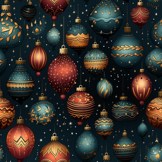 Foto um close-up de um monte de ornamentos de natal em um fundo escuro generativo ai