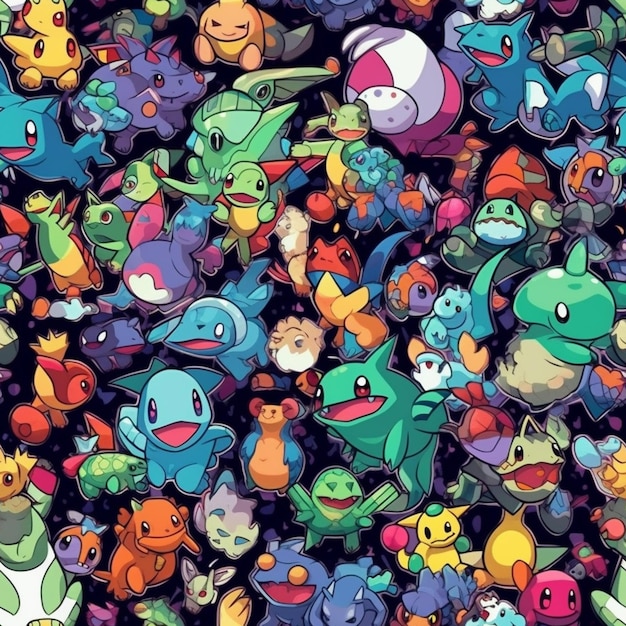 Um close-up de um monte de personagens pokemon em um fundo preto generativo  ai