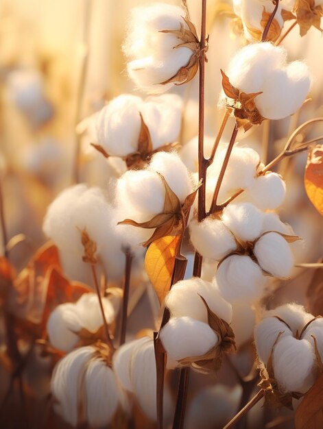 um close-up de um monte de plantas de algodão branco com folhas generativas ai