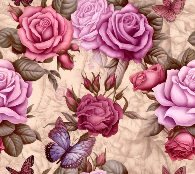 Um close-up de um monte de rosas e borboletas generativas ai