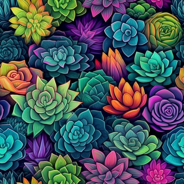 Um close-up de um monte de suculentas coloridas generativas ai