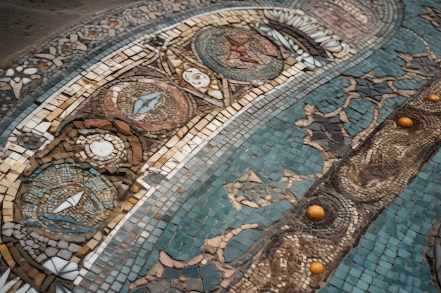 Um close-up de um mosaico intrincado com sua mistura de materiais, texturas e padrões visíveis