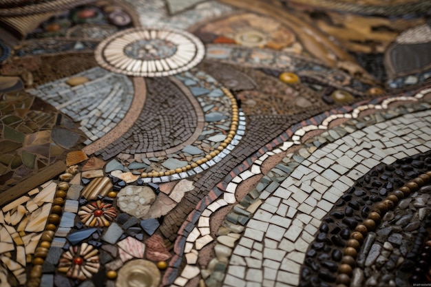 Um close-up de um mosaico intrincado com sua mistura de materiais, texturas e padrões visíveis