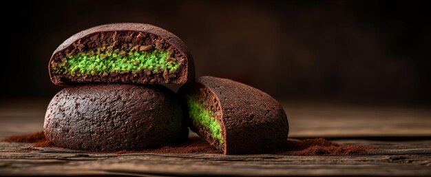 um close-up de um muffin de chocolate com gelo verde sobre ele