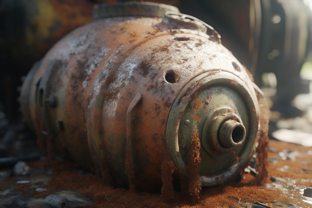 Um close-up de um objeto enferrujado com a palavra fallout 4 nele.