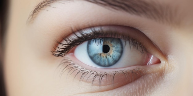 Um close-up de um olho azul com um anel preto no olho esquerdo.