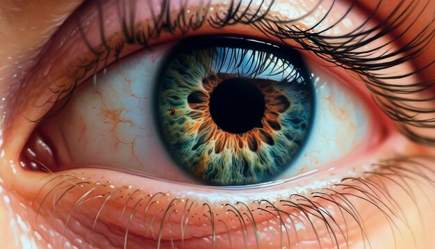 Um close-up de um olho azul com um fundo branco
