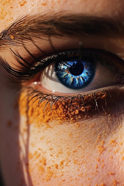 Um close-up de um olho azul com um fundo escuro