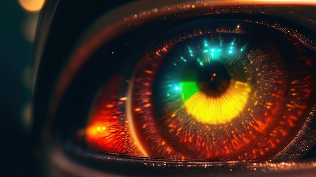 Foto um close-up de um olho colorido com a palavra olho nele