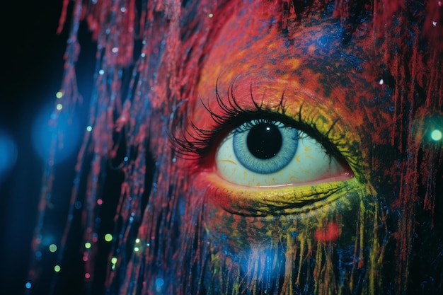 um close-up de um olho com tinta colorida sobre ele