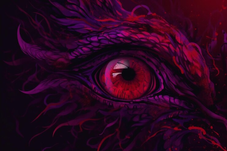 Foto um close-up de um olho de dragão com um fundo vermelho